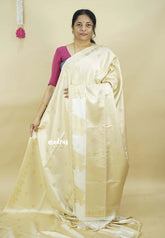 Ivory Cream white  - Sri valli pure satin silk with vairaoosi full weaving and elephant border